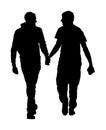 Two homosexual boys walking and hand holding silhouette illustration. Handsome gay couple tenderness in public. Royalty Free Stock Photo