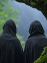two hooded figures in a serene forest setting