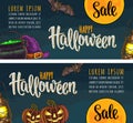 Two horizontal posters with Happy Halloween lettering and engraving illustration