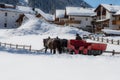 Two Horse-drawn Red Carriage and Elderly Coachman Royalty Free Stock Photo