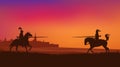 Jousting horseback knights and medieval town at sunset vector silhouette scene