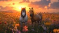 Majestic Horses in a Wildflower Meadow at Sunset Royalty Free Stock Photo