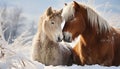 Two horses grazing in a snowy meadow, close up portrait generated by AI Royalty Free Stock Photo
