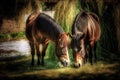 Two horses grazing together at la ferme nos pilifs Brussels, AI generated Royalty Free Stock Photo