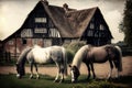 Two horses grazing together at la ferme nos pilifs Brussels, AI generated Royalty Free Stock Photo