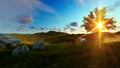 Two horses on green meadow and tree of life, beautiful sun rays