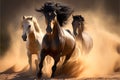 Two horses run gallop in dust in the desert. Motion blur Royalty Free Stock Photo
