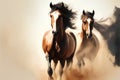 Two horses run gallop in the dust. Digital painting style. Royalty Free Stock Photo