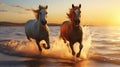 Two horses running along coast sunset background, beautiful horses grace of horsepower on seashore beach, Generative AI Royalty Free Stock Photo