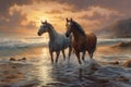 Two horses running on the beach at sunset, Generative AI illustration Royalty Free Stock Photo