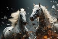 Two horses are running through a field of debris, AI Royalty Free Stock Photo