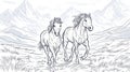 Two horses running and galloping in a mountainous landscape, line art style Royalty Free Stock Photo