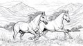 Two Horses Running in a Field with Mountains Background - Black and White Sketch Royalty Free Stock Photo