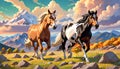 Two horses running high mountain country stormy weather Royalty Free Stock Photo