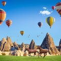 Two horses running and hot air balloons in Cappadocia, Turkey