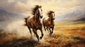 Two horses running in the open grassland. Digital painting. Royalty Free Stock Photo