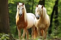 Two horses in summer in nature close-up, farming and agriculture concept