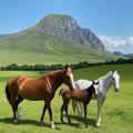 Two horses with their cub grazing in a field with mountain in the background Royalty Free Stock Photo