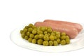 Two hot boiled sausages with canned green peas served for breakfast on a white plate Royalty Free Stock Photo