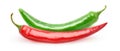 Two isolated hot chili peppers red and green