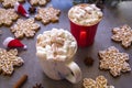 Two hot chocolate cups and marshmallows , against grey background & Christmas composition with Snowflake gingerbread cookies Royalty Free Stock Photo