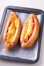 Two hot dog fast food junk fresh sausage cheese sauce isolated on baking tray white background Royalty Free Stock Photo