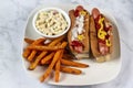 hot dogs served with macaroni salad and sweet potato fries Royalty Free Stock Photo