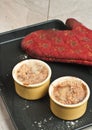 Two, hot, freshly baked, homemade, apple raisin cream crumble and red, print kit Royalty Free Stock Photo