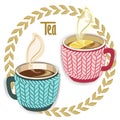 Two hot tea cups with knit sleeve, round tee leafs frame