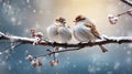 Two house sparrows sitting on a branch in the winter. It\'s cold, snowing and freezing