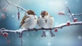 Two house sparrows sitting on a branch in the winter. It\'s cold, snowing and freezing