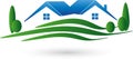 Two houses and meadow, real estate and houses logo