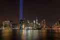 Two huge blue lights in the sky of Manhattan