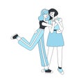 Two hugging girls vector cartoon illustration. Woman friendship, smiling young people Royalty Free Stock Photo