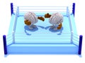Two human brains with boxing gloves in a fight on a boxing ring