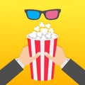 Two human businessman hands holding big popcorn box. 3D red blue glasses. Movie Cinema icon. Pop corn. Fast food. Yellow gradient Royalty Free Stock Photo