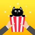 Two human businessman hands holding popcorn box with black cat. Movie Cinema icon in flat design style. Pop corn. Yellow gradient Royalty Free Stock Photo