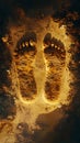 Two human footprints embedded in dirt, illuminated by a warm light, creating clear Royalty Free Stock Photo