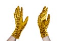 Two human hands in golden rubber medical gloves white background isolated closeup, doctor or nurse hands protection, gold gloves