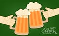 Two human hands toasting with beer mugs. St. Patrick s Day lettering. Traditional Irish hollyday template for pub party.