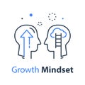 Two human head profiles, arrow up and plant stem, next level self improvement, leader training and mentoring Royalty Free Stock Photo