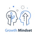 Two human head profiles, arrow up and plant stem, next level self improvement, leader training and mentoring Royalty Free Stock Photo
