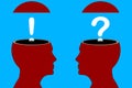 Two human Head with Question Mark and Explanation Point. Business Communication, exchanges, FAQ, psychology Royalty Free Stock Photo