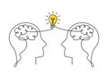 Two human heads with a brain and a burning light bulb are drawn with one solid line Royalty Free Stock Photo