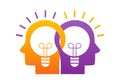 Two human heads with a light bulb inside. concept of creative mind and teamwork. Creation of ideas and thoughts. vector Royalty Free Stock Photo