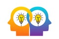 Two human heads with a light bulb inside. concept of creative mind and teamwork. Creation of ideas and thoughts. vector Royalty Free Stock Photo