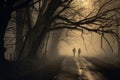 Two human silhouettes walking on empty road during fog Royalty Free Stock Photo