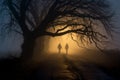 Two human silhouettes walking on empty road during fog Royalty Free Stock Photo