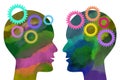 Two human watercolor painted silhouette heads facing each other with colorful gears isolated on white background.