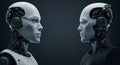 Two humanoid robots face each other against a dark background. Both have smooth